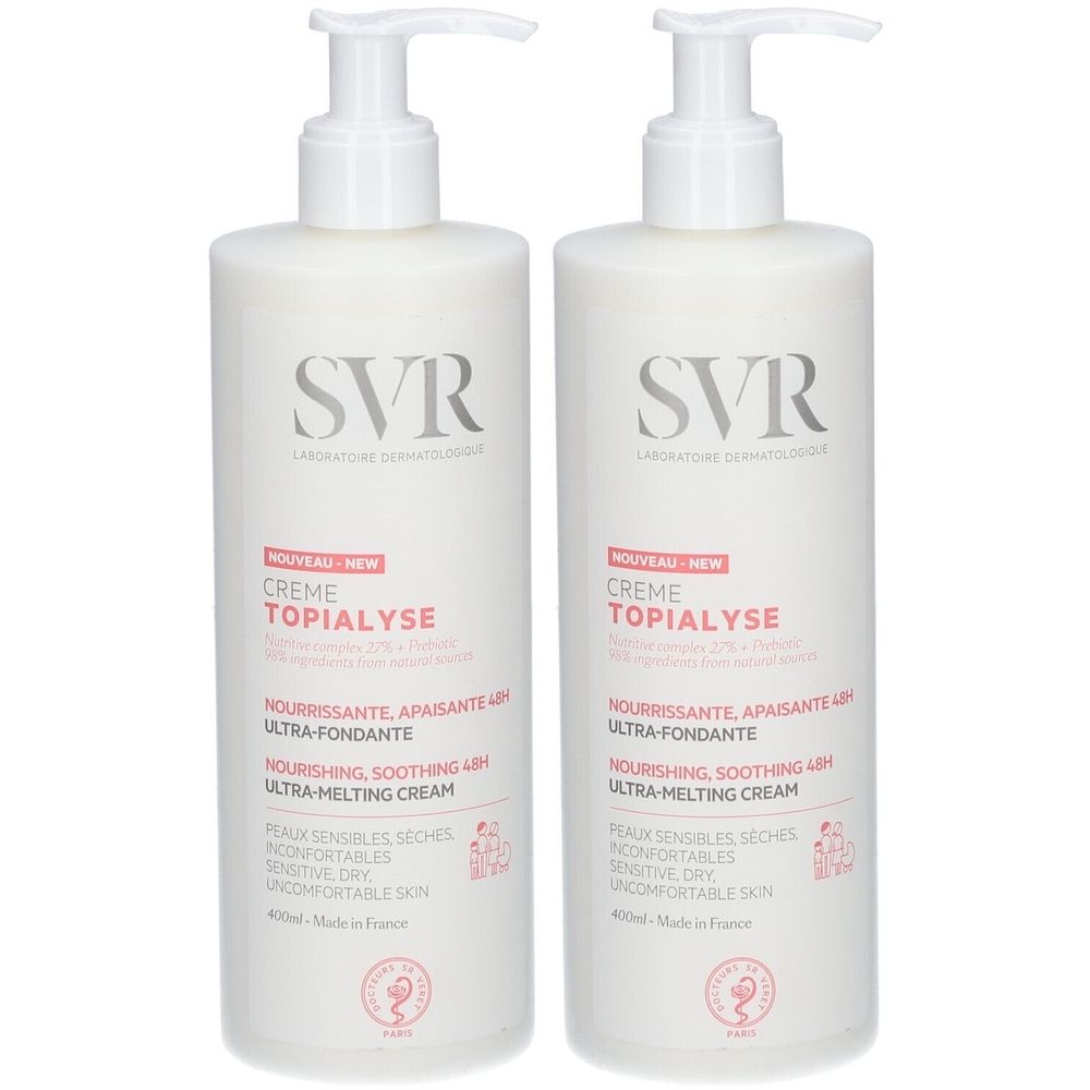 Twee witte flessen met pomp. Opschrift: SVR, Crème Topialyse. Tekst in het Frans en Engels. 400ml.