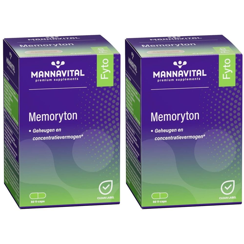Deux boîtes rectangulaires avec l'inscription "MANNAVITAL Memoryton". Chaque boîte indique "Geheugen en concentratievermogen".