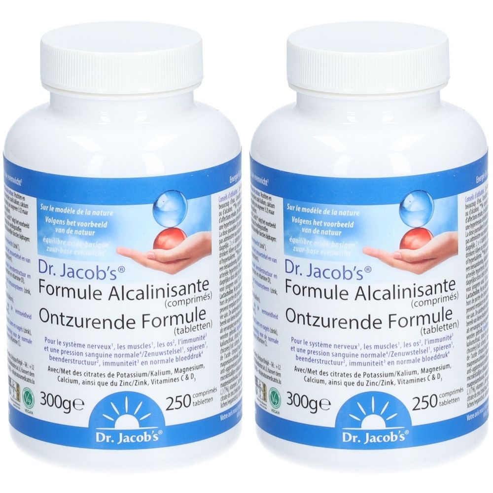 Twee witte flessen met blauwe etiketten. Opschrift: Dr. Jacob's Formule Alcalinisante. 250 tabletten, 300g.