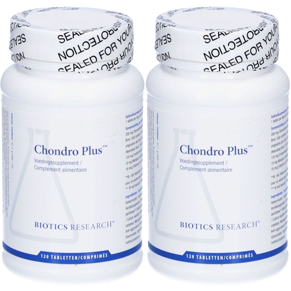 Deux flacons blancs de Chondro Plus. Inscription: Biotics Research. Chaque flacon contient 120 comprimés. Sceau sur le couvercle.