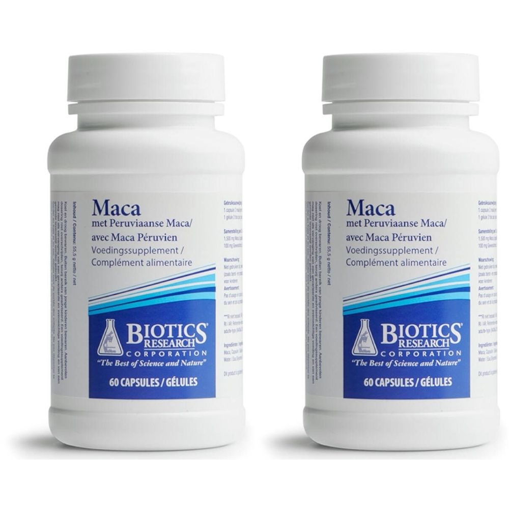 Deux flacons blancs avec l'étiquette "Maca" et le logo Biotics Research. Inscription: 60 gélules.