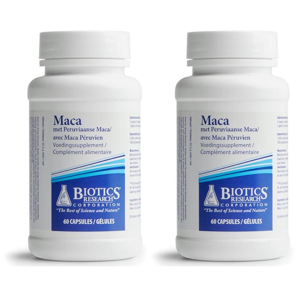 Twee witte flessen met schroefdop. Opschrift: Maca, met Peruaanse Maca, Voedingssupplement, BIOTICS RESEARCH CORPORATION.