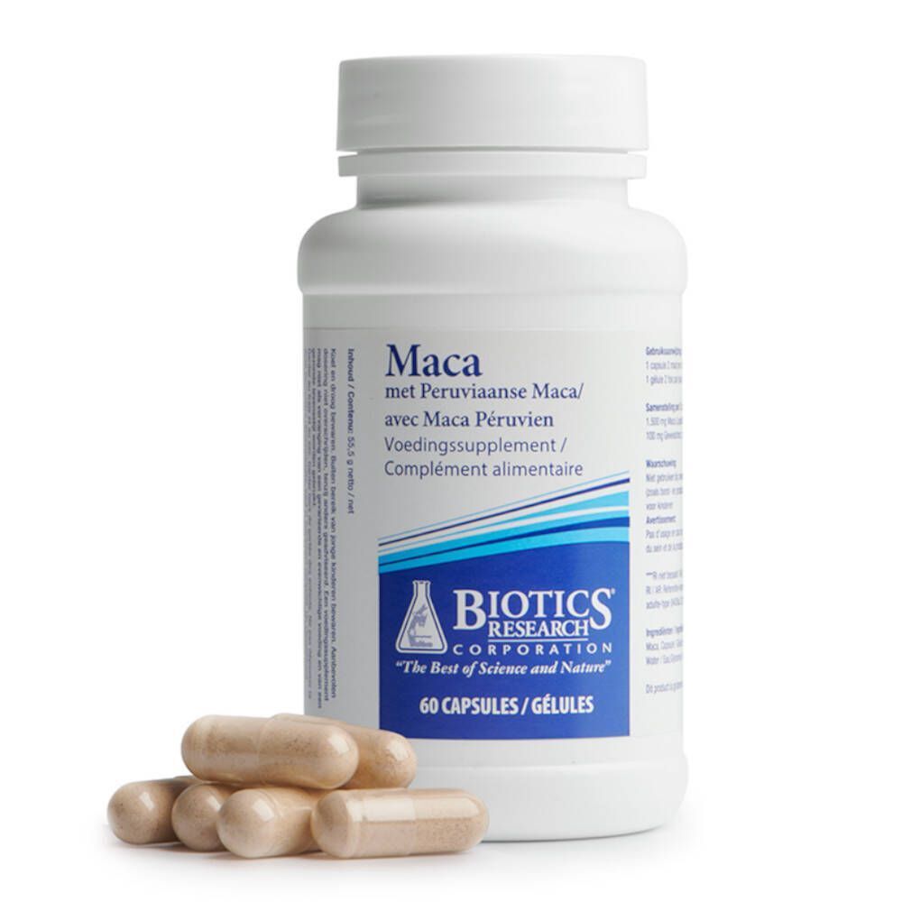 Witte fles met schroefdop en capsules. Opschrift: Maca, met Peruaanse Maca, Voedingssupplement, BIOTICS RESEARCH CORPORATION. 60 capsules.