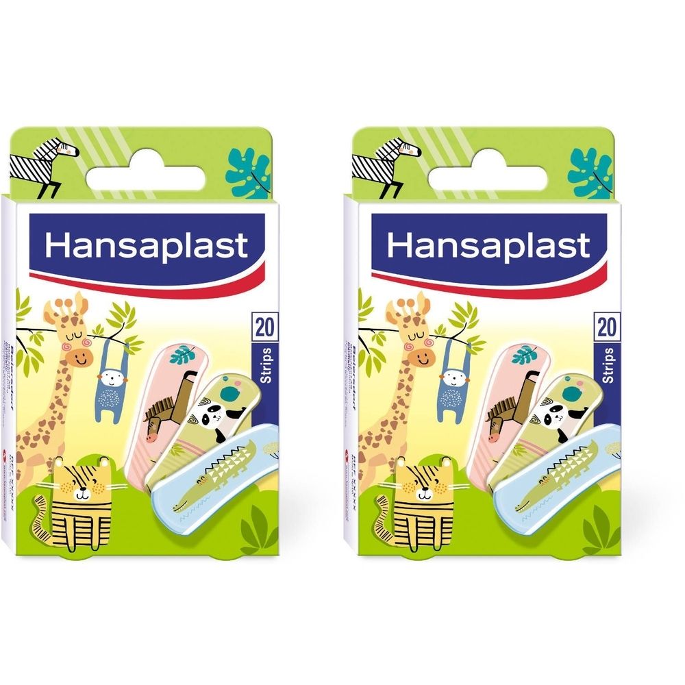 Deux boîtes de Hansaplast Kids Animaux. Chaque boîte contient 20 pansements avec des motifs d'animaux. Inscription : Hansaplast.