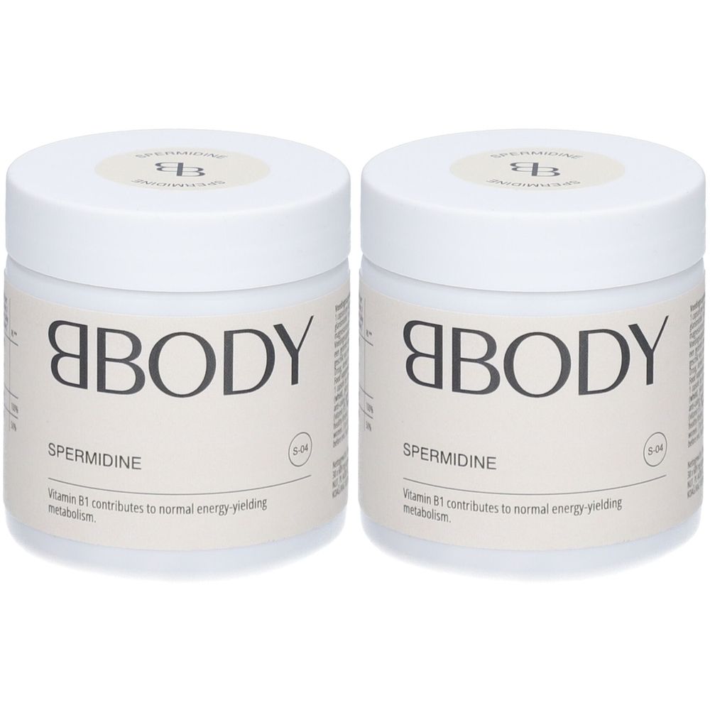 Twee witte potten met deksels. Opschrift: BBODY SPERMIDINE. Tekst: Vitamine B1 draagt bij tot een normale energieopbrengst.