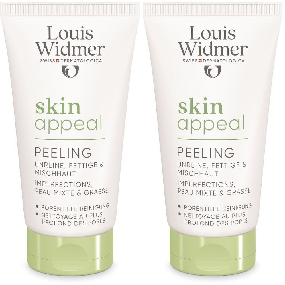 Deux tubes de peeling Louis Widmer Skin Appeal. Blanc, avec texte et bouchon verts. Texte: Peau mixte et grasse.