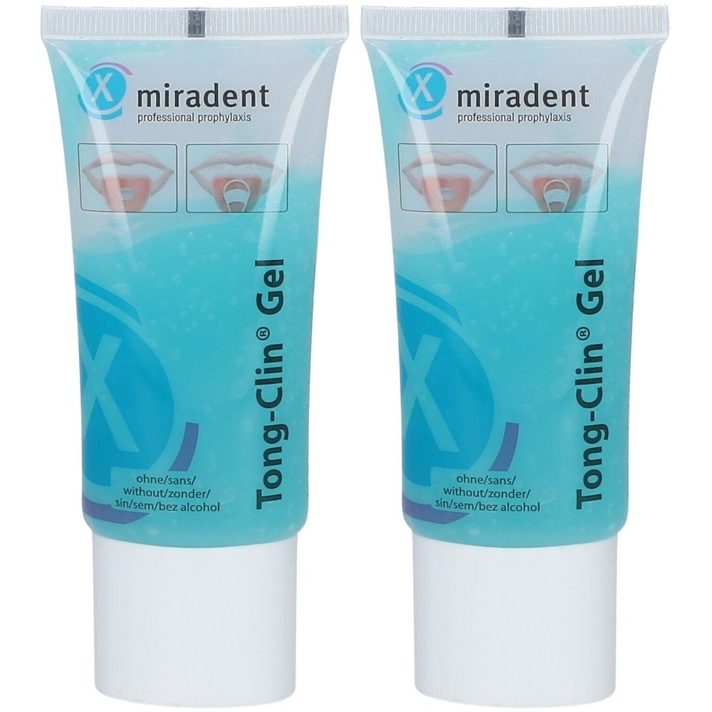 Twee tubes Tong-Clin Gel. Opschrift: miradent, Tong-Clin Gel. Blauwe vloeistof in transparante tubes met witte sluiting.