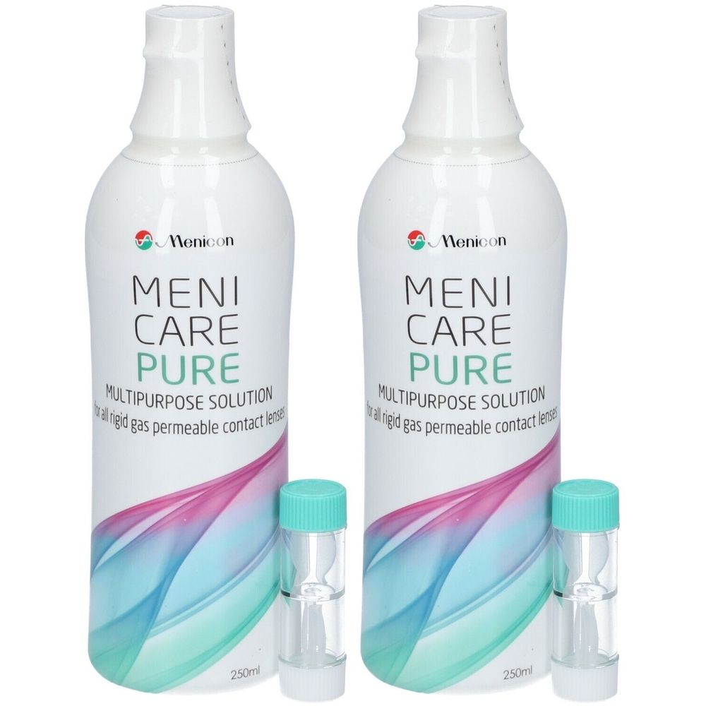 Twee flessen Menicare Pure, multifunctionele oplossing voor harde contactlenzen. Met twee lenshouders.