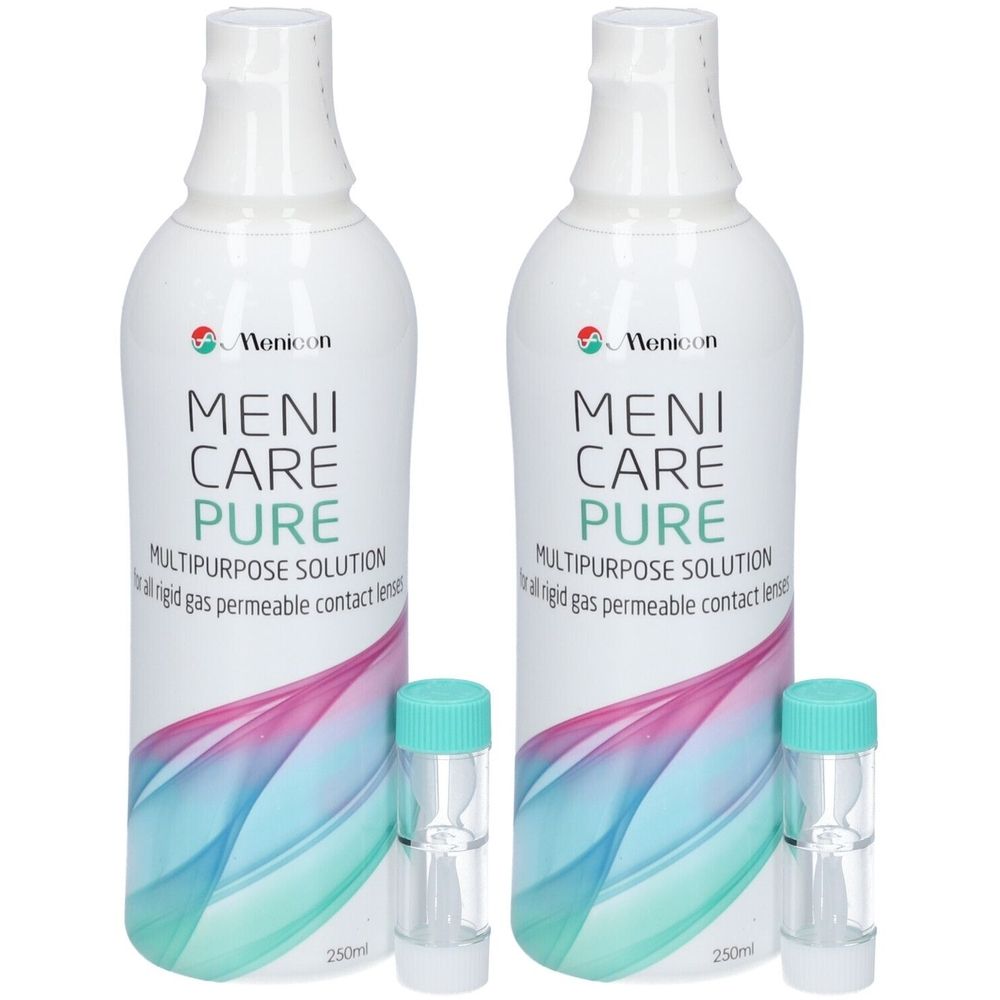 Twee flessen Menicare Pure alles-in-één oplossing met twee contactlenshouders. Opschrift: 250ml.