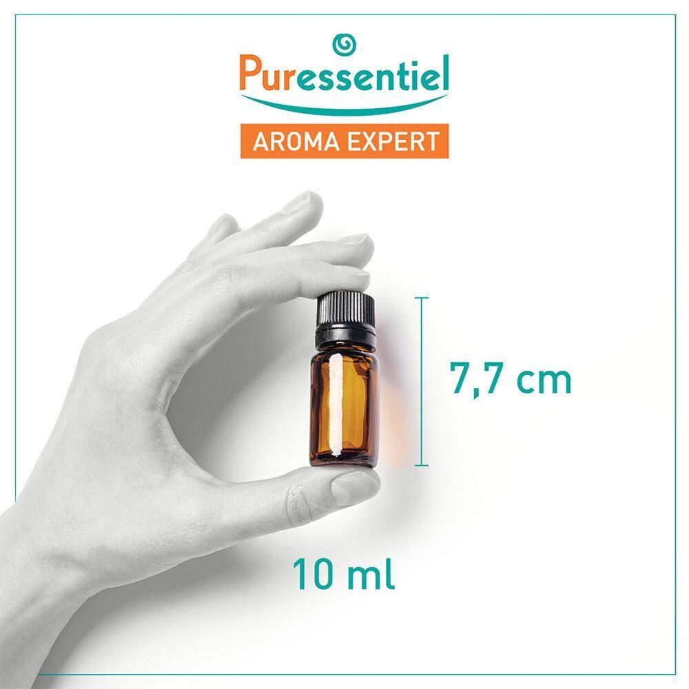 Bruine glazen fles met zwarte dop, 10 ml, 7,7 cm hoog.