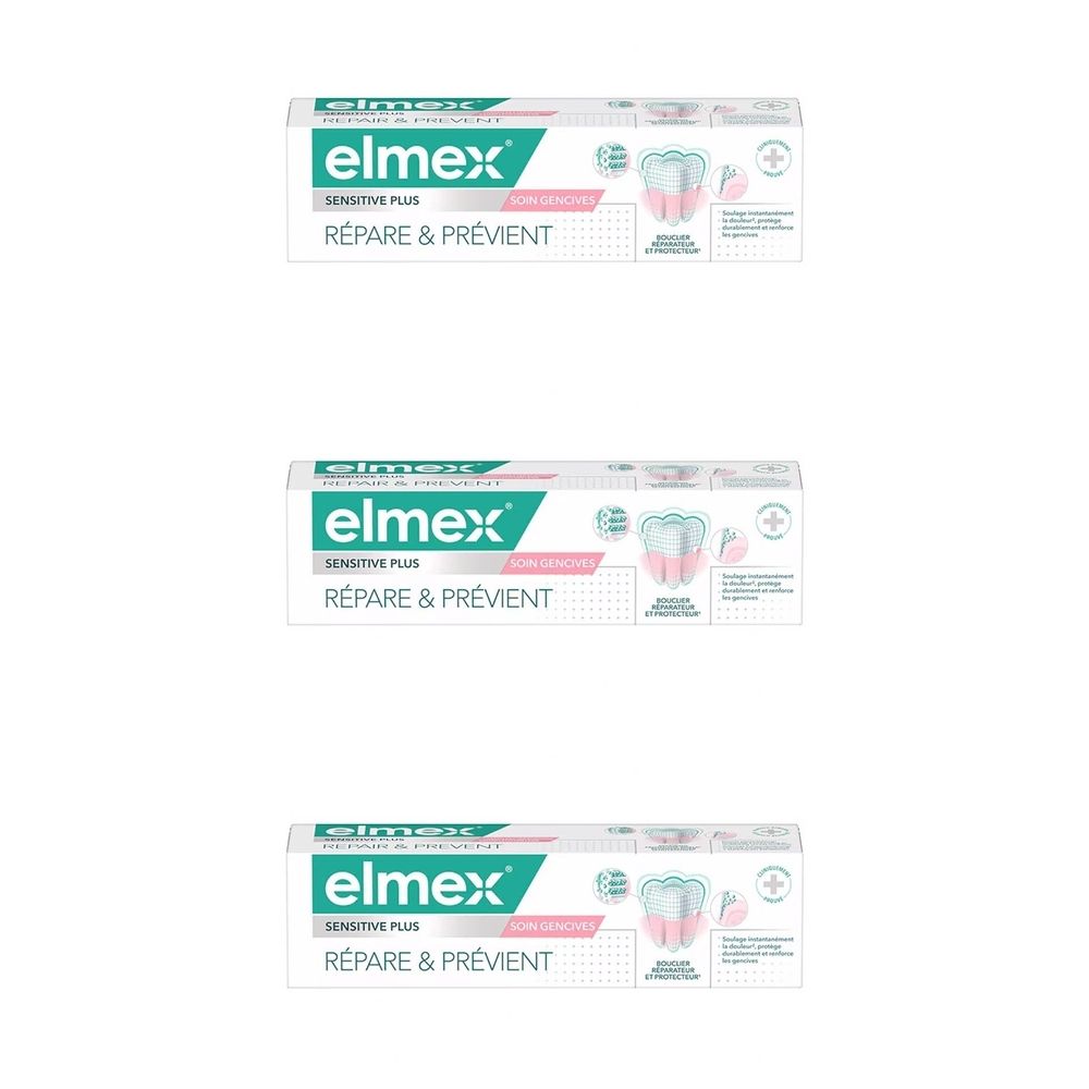 Trois tubes de dentifrice Elmex Sensitive Plus. Tubes blancs avec texte vert et rose. Inscription: Répare & Prévient.