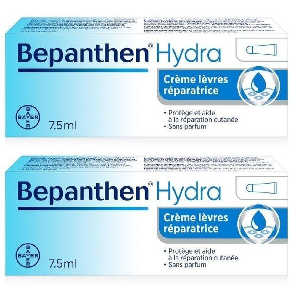 Deux boîtes de Bepanthen Hydra Crème lèvres réparatrice. Emballage bleu avec nom et logo du produit. 7.5ml.