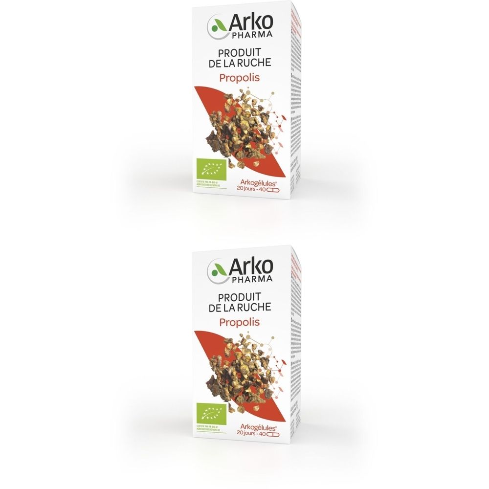Deux boîtes de Arkocaps Propolis Bio. Inscription: PRODUIT DE LA RUCHE PROPOLIS. Certification bio.