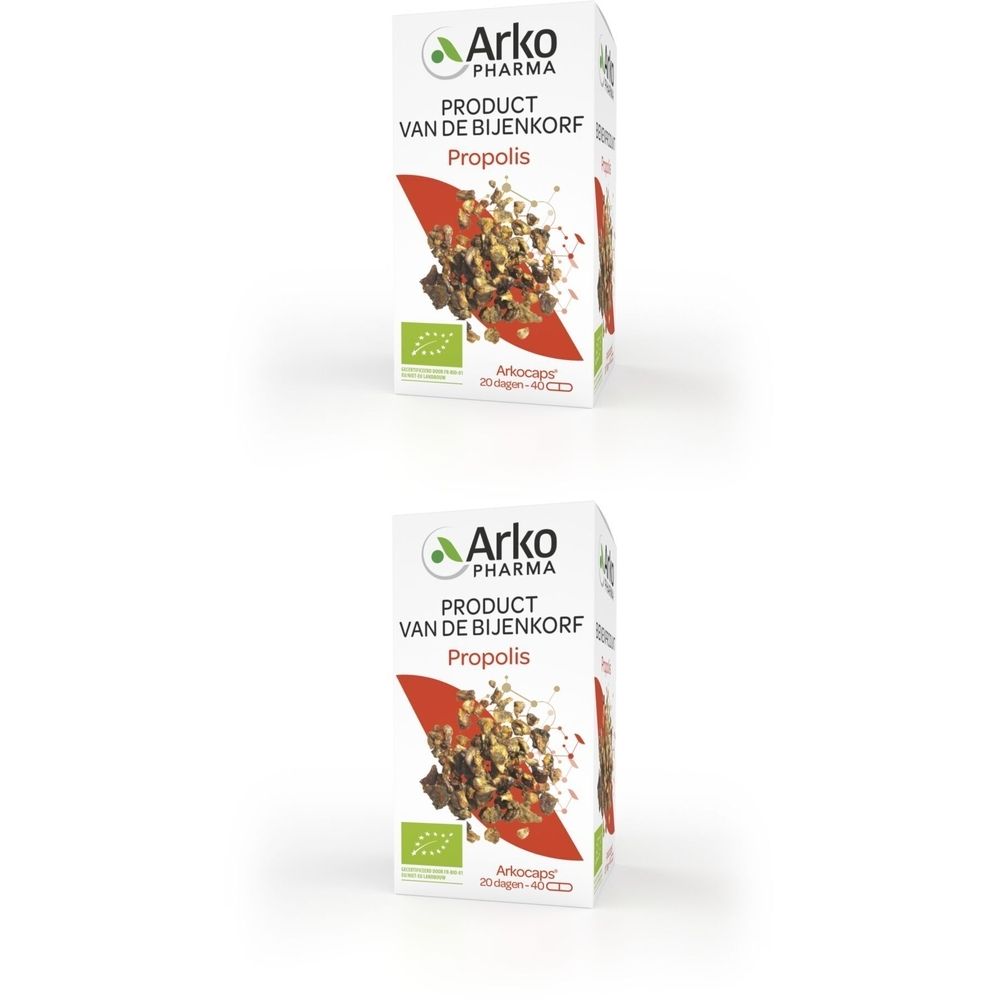 Twee dozen Arkocaps Propolis Bio. Opschrift: PRODUIT VAN DE BIJENKORF PROPOLIS. Bio-certificering.