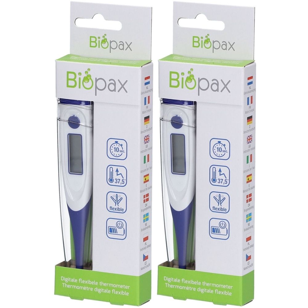 Deux thermomètres numériques dans leur emballage. Blanc et bleu, avec écran. Emballage avec logo Biopax et pictogrammes.