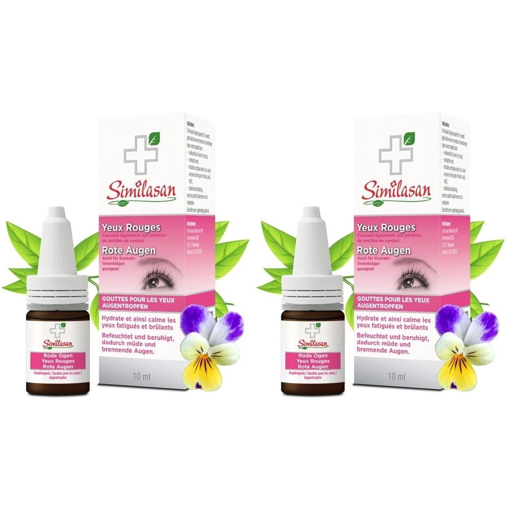 Twee flesjes en verpakkingen van Similasan voor rode ogen. Opschrift: Yeux Rouges, Rote Augen. Versierd met bloemen en bladeren.