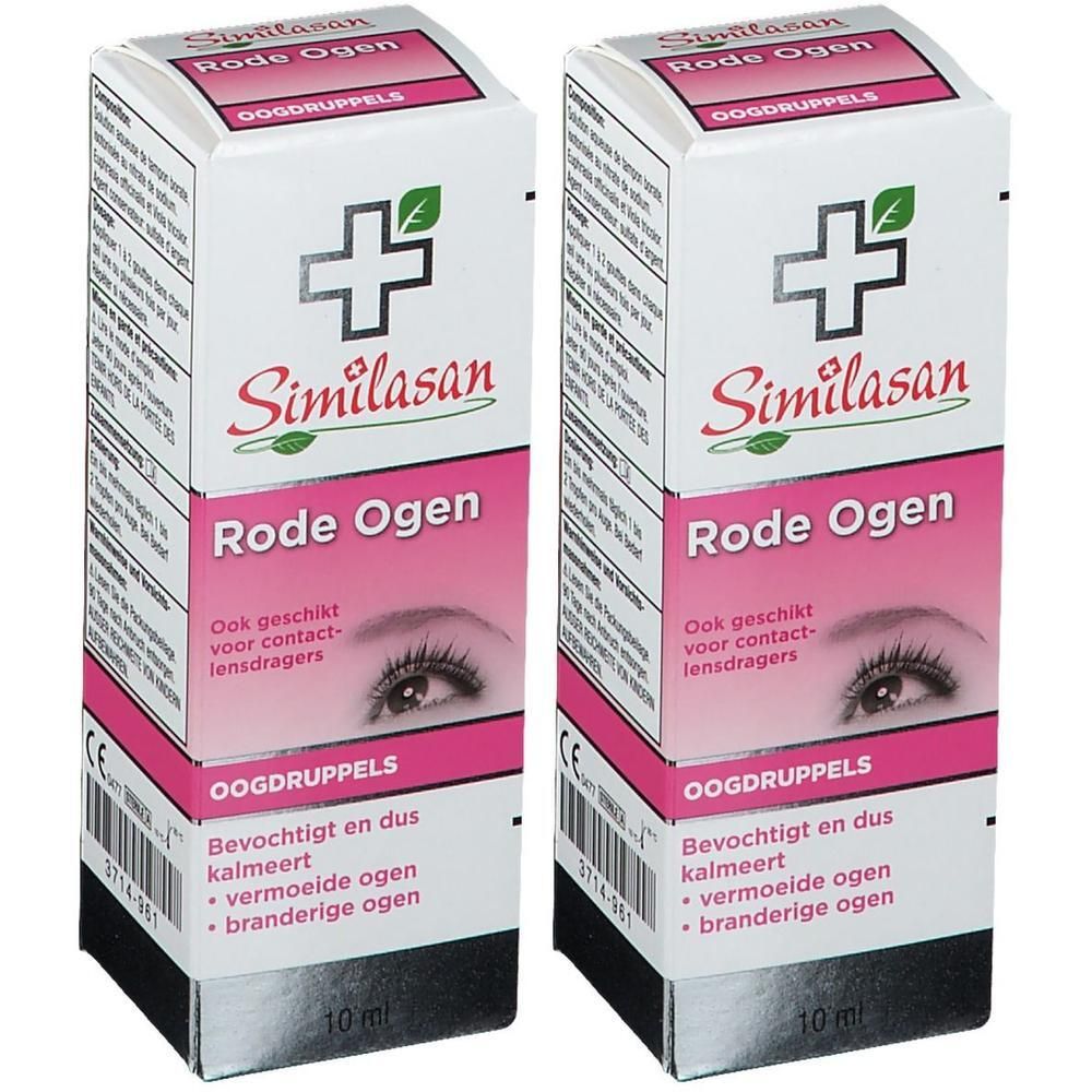 Deux boîtes de gouttes ophtalmiques Similasan Rode Ogen. Boîtes blanches avec texte rouge et image d'œil.