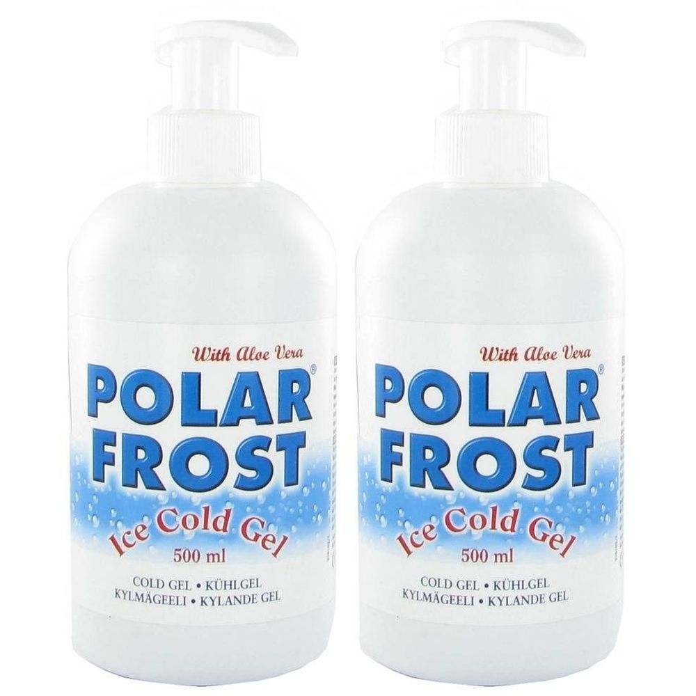 Deux flacons blancs avec pompe. Inscription : POLAR FROST Ice Cold Gel, 500 ml. Contient de l'aloe vera. Gel froid.