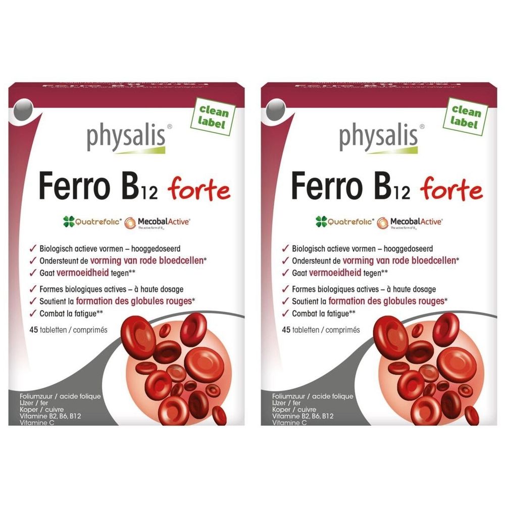 Twee verpakkingen "Ferro B12 forte" van Physalis. Bevat 45 tabletten. Rood en wit kleurenschema.