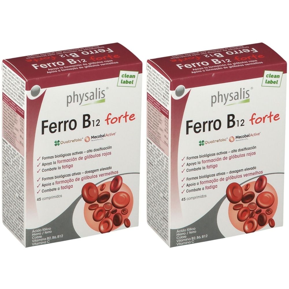 Twee verpakkingen physalis® Ferro B12 forte. Rode en witte verpakking met productnaam en informatie. 45 tabletten.
