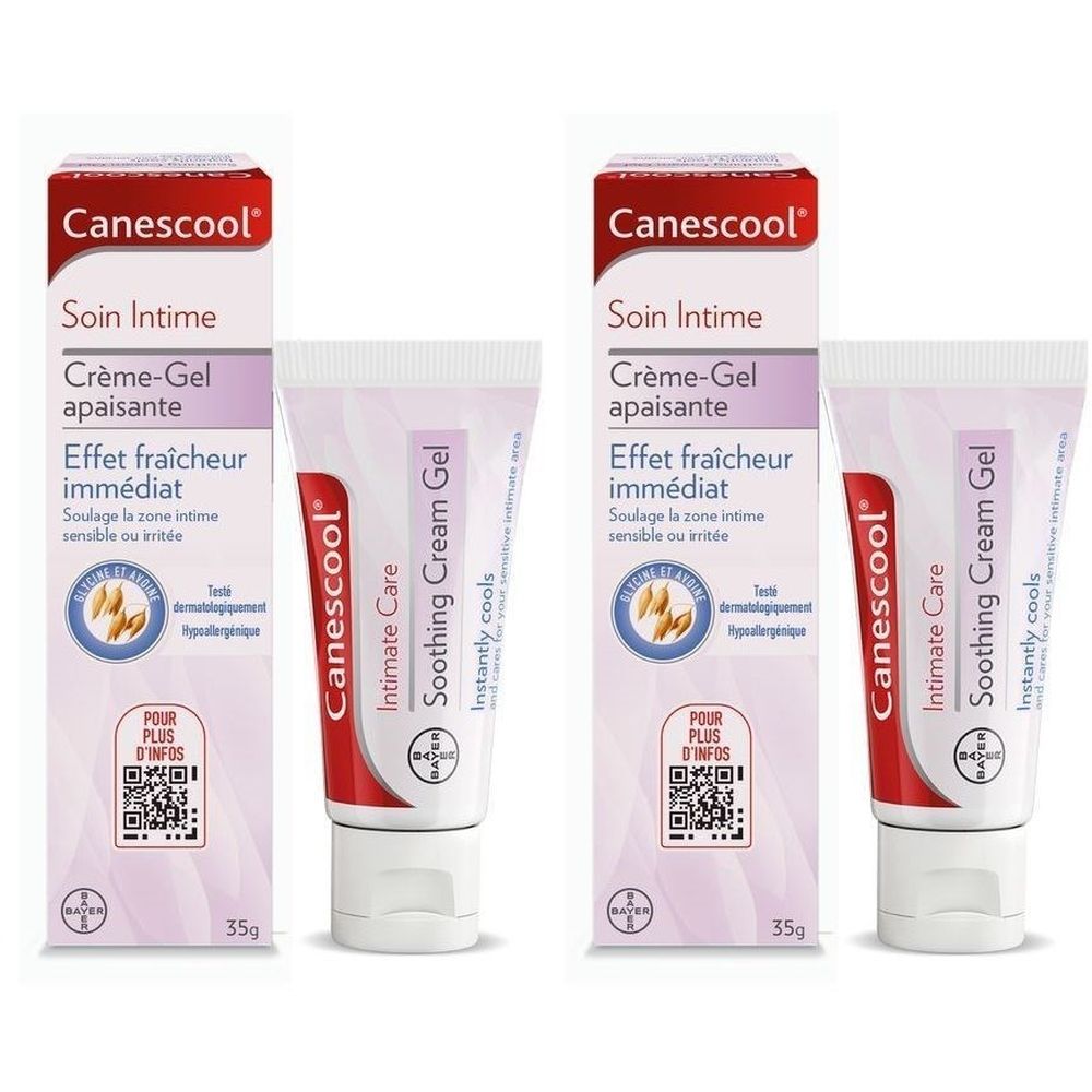 CanesCool Soin Intime, crème-gel apaisante, tube et boîte. 35g. Texte et logo visibles.