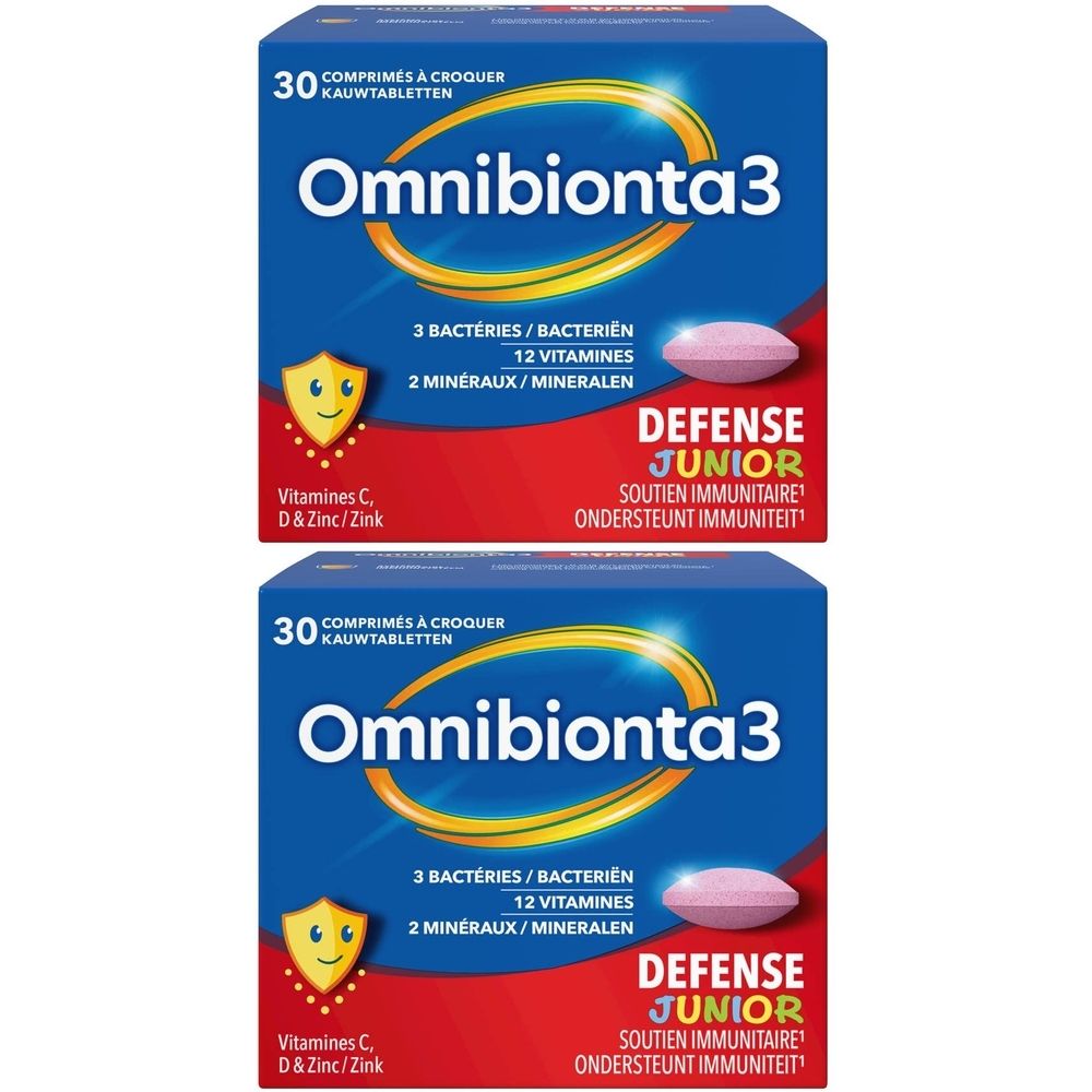 Twee dozen Omnibionta3 Defense Junior. Blauwe verpakking met productnaam en informatie over ingrediënten. Bevat 30 kauwtabletten.