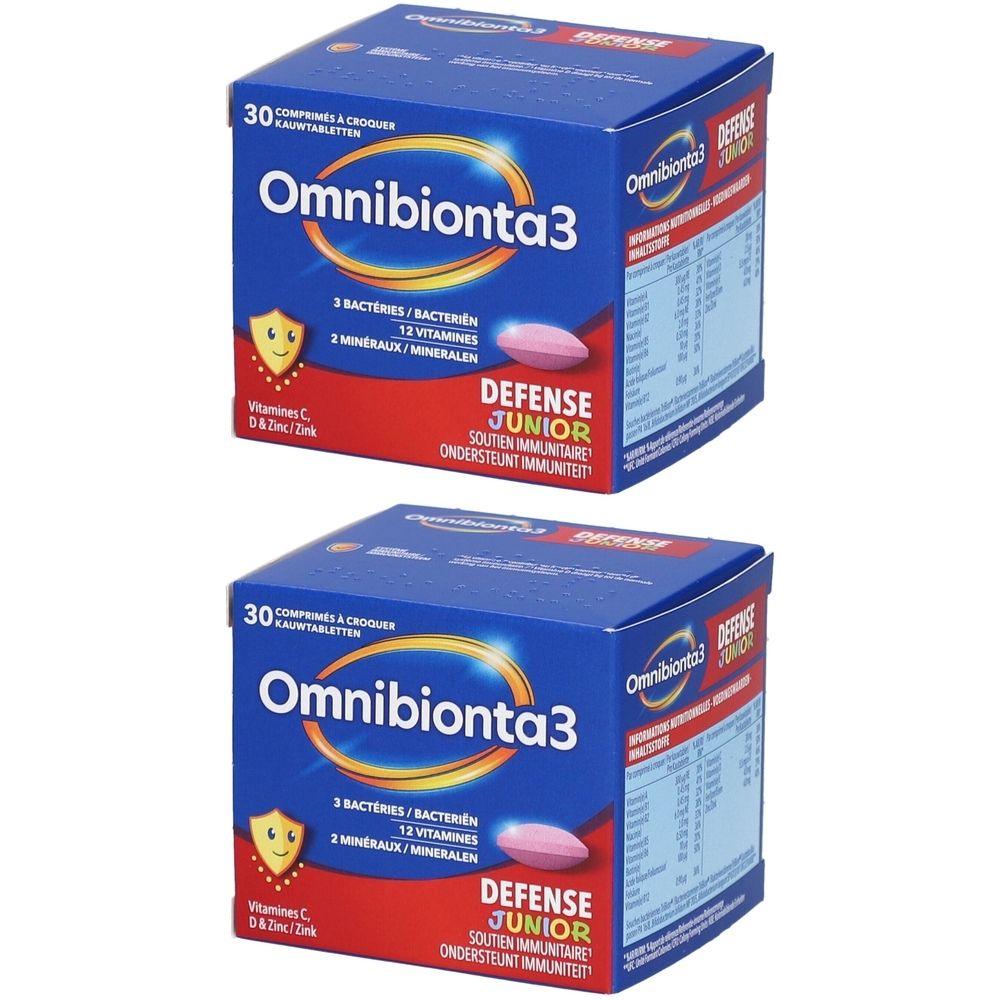 Deux boîtes Omnibionta 3 Defense Junior. Emballage bleu avec nom du produit et informations. Une tablette est visible.