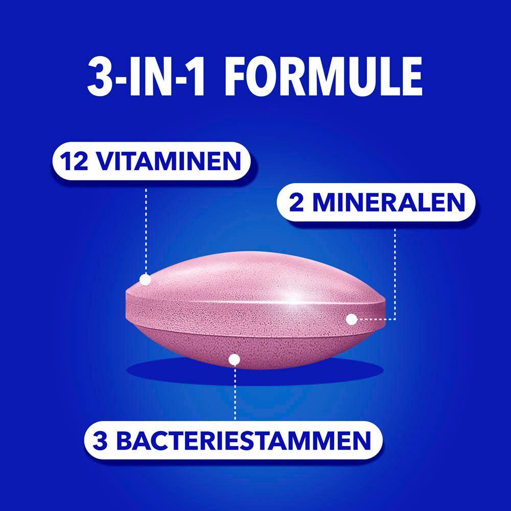Omnibionta3 Defense Junior. Roze tablet met 3 bacteriën, 12 vitaminen en 2 mineralen. Blauwe achtergrond. 1+1 aanbieding.