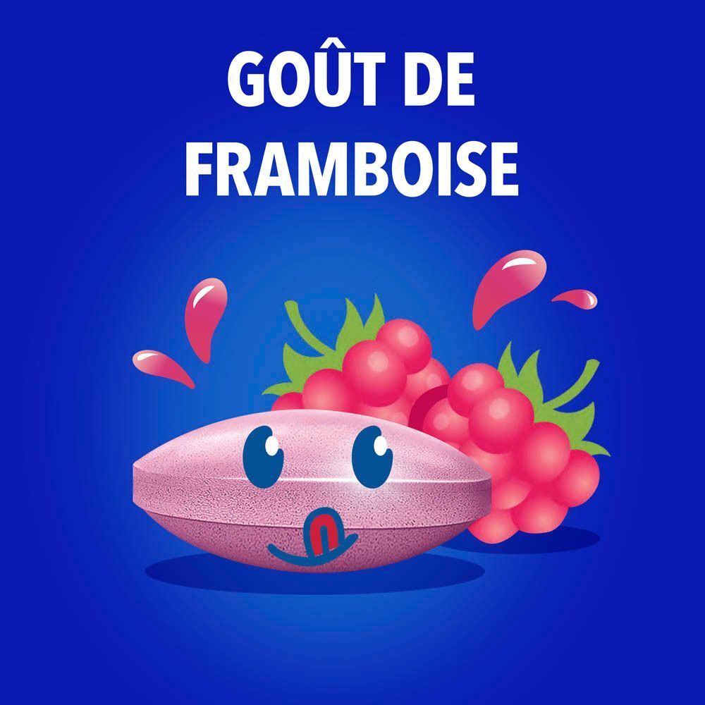 Comprimé rose avec 3 bactéries, 12 vitamines et 2 minéraux. Fond bleu. Texte : Formule 3-en-1.