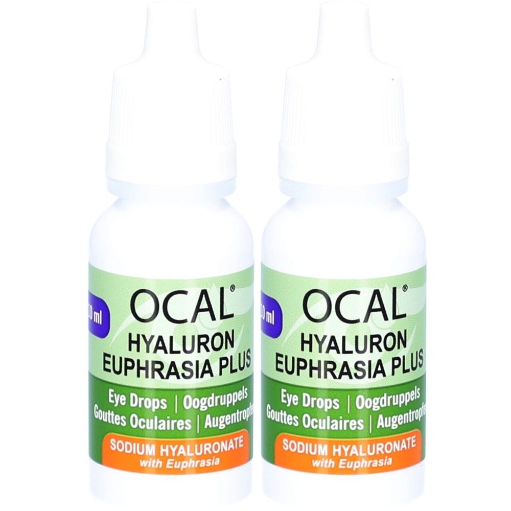 Twee witte flessen met witte doppen. Opschrift: OCAL HYALURON EUPHRASIA PLUS. Oogdruppels. Bevat natriumhyaluronaat.