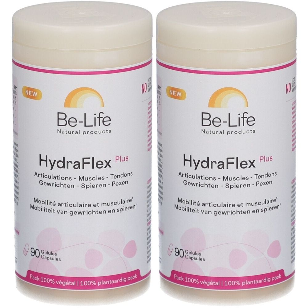 Twee cilindrische potten met deksels. Opschrift: Be-Life HydraFlex Plus. Bevat 90 capsules. Opschrift: 100% plantaardig.