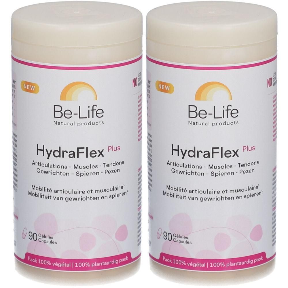 Twee cilindrische containers met witte deksels. Opschrift: Be-Life HydraFlex Plus. 90 capsules. Verpakking 100% plantaardig.