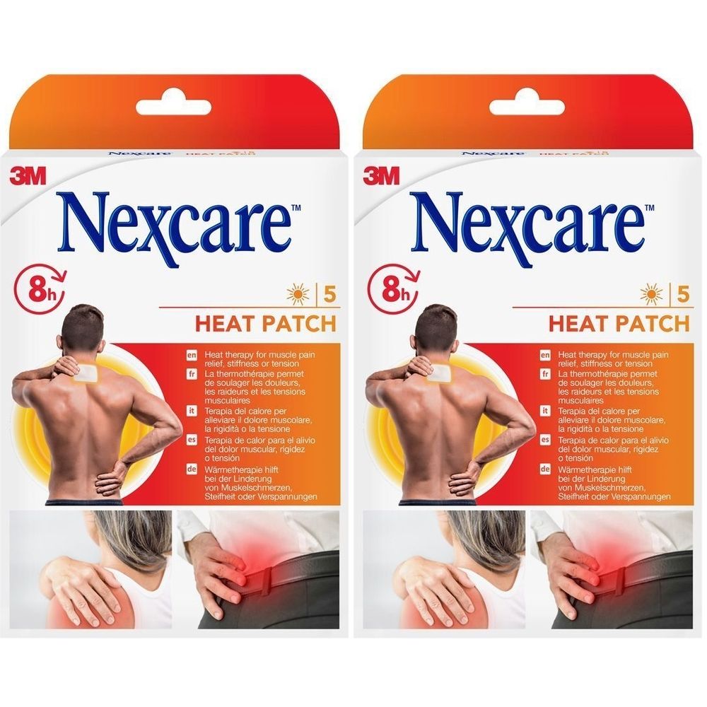 Twee verpakkingen 3M Nexcare Heat Patch. Witte verpakking met productnaam en illustraties. 5 pleisters, 8 uur warmte.