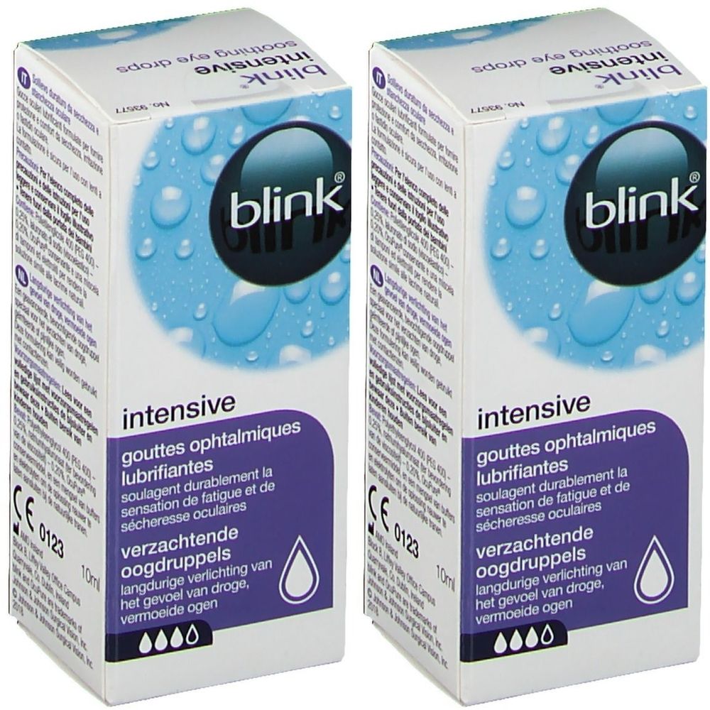 Deux boîtes de gouttes ophtalmiques. Marque 'blink intensive'. Design bleu et violet avec gouttes d'eau. Marquage CE.