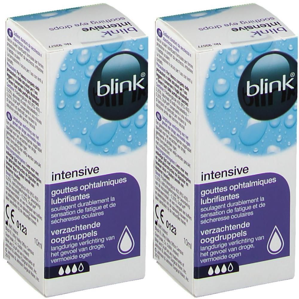 Twee dozen Blink Intensive Tears. Witte verpakking met blauwe achtergrond en productnaam. Bevat druppels voor droge ogen.
