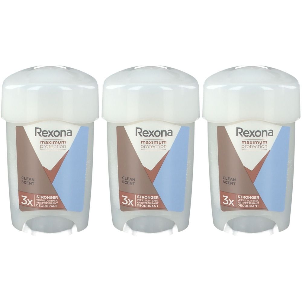 Drie deodorant sticks met witte deksels. Op de voorkant staat Rexona, maximum protection, Clean Scent, 3x Stronger.