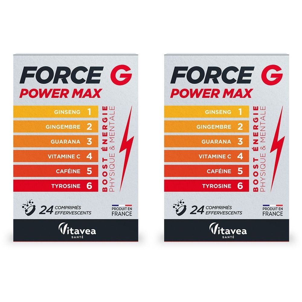 Deux boîtes de Vitavea Force G Power Max. Emballage blanc avec bandes colorées et informations produit. Contient 24 comprimés effervescents.