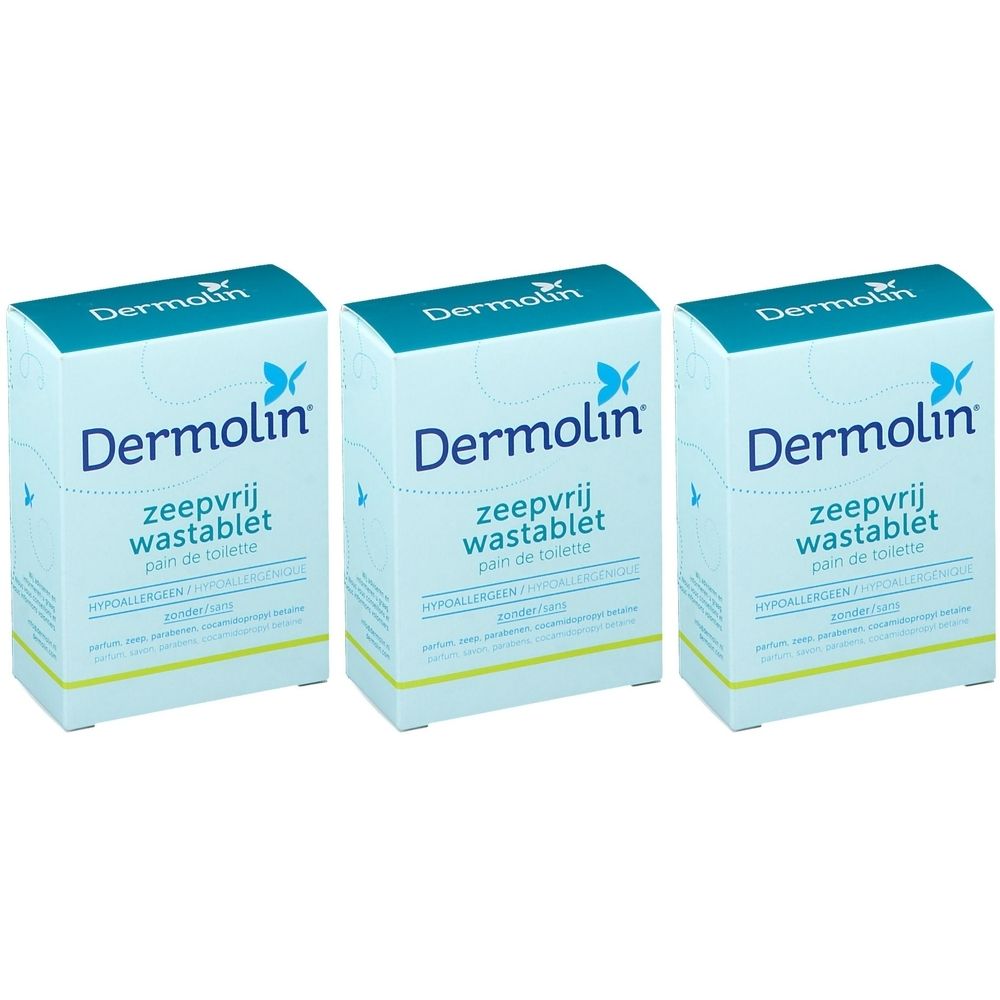Drie rechthoekige dozen. Op elke doos staat "Dermolin", gevolgd door "zeepvrij wastablet" en "pain de toilette".