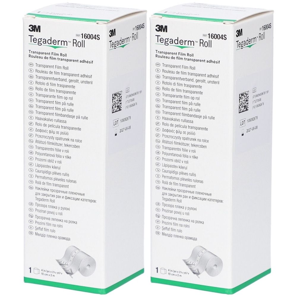 Twee witte dozen met 3M Tegaderm Roll. Opschrift: Transparent Film Roll. Onder: rol transparante pleister.