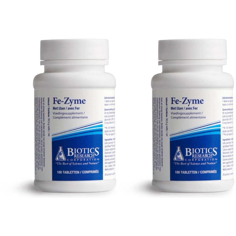 Twee witte flessen met etiketten. Opschrift: Fe-Zyme, voedingssupplement. Merk: Biotics Research Corporation. 100 tabletten.
