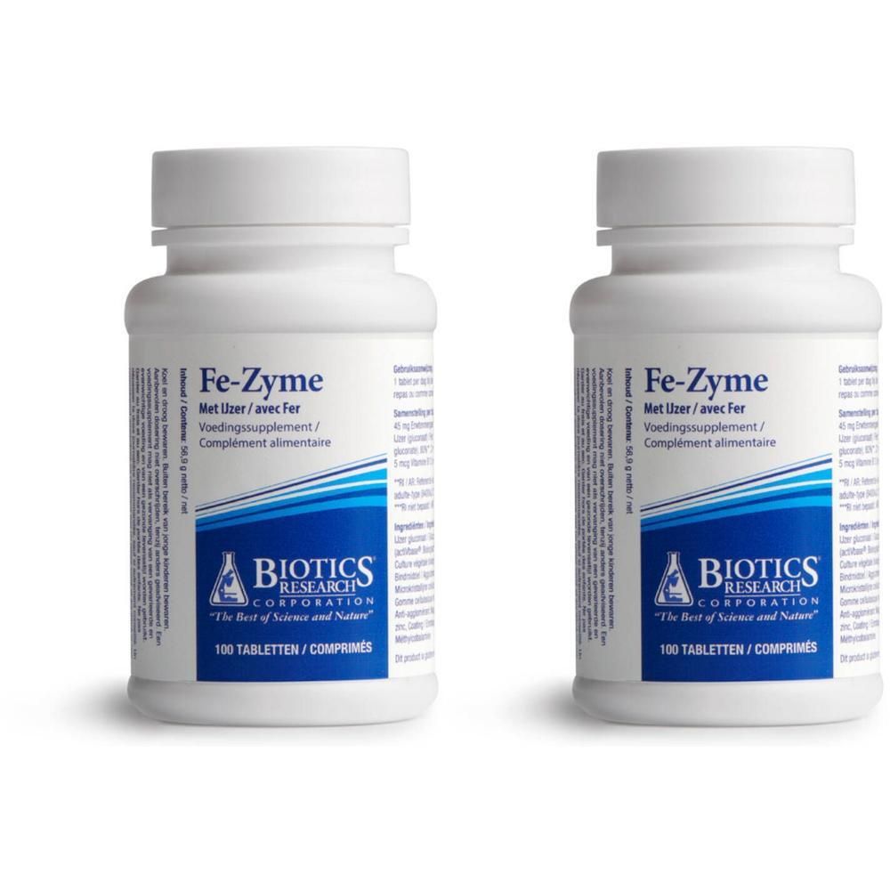 Deux flacons blancs avec bouchon à vis. Inscription: Fe-Zyme, Biotics Research Corporation. 100 comprimés.