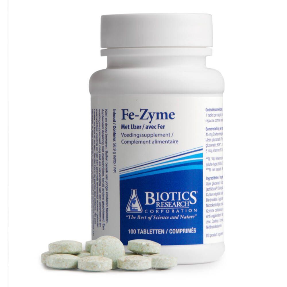 Un flacon blanc avec bouchon à vis et comprimés à côté. Inscription: Fe-Zyme, Biotics Research Corporation. 100 comprimés.