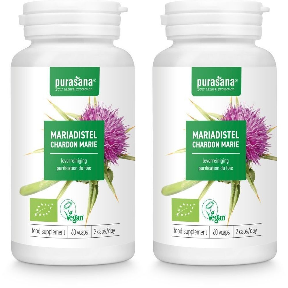 Twee witte flessen met Mariadistel-illustratie. Opschrift: Mariadistel Chardon Marie, vegan, 60 capsules. Merk Purasana.