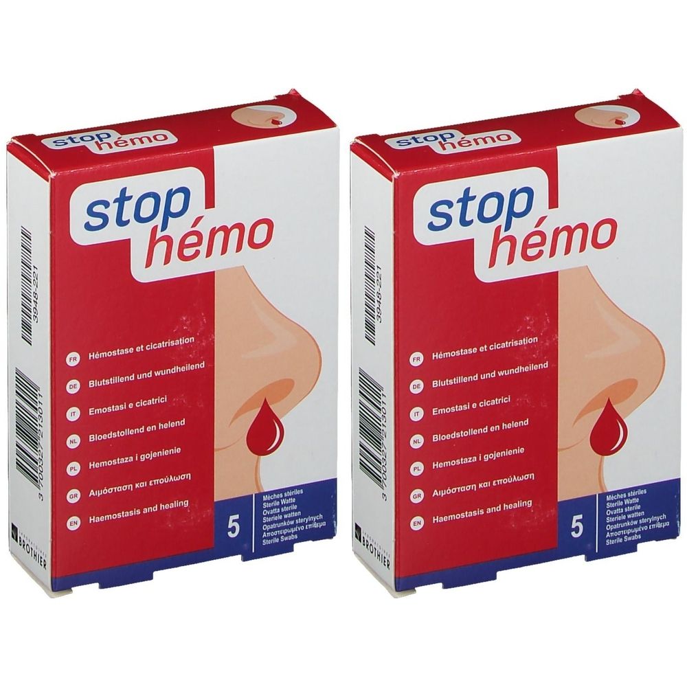Twee dozen "stop hémo". Illustratie van een neus met bloeddruppel. Meertalige tekst. Nummer 5 rechtsonder.