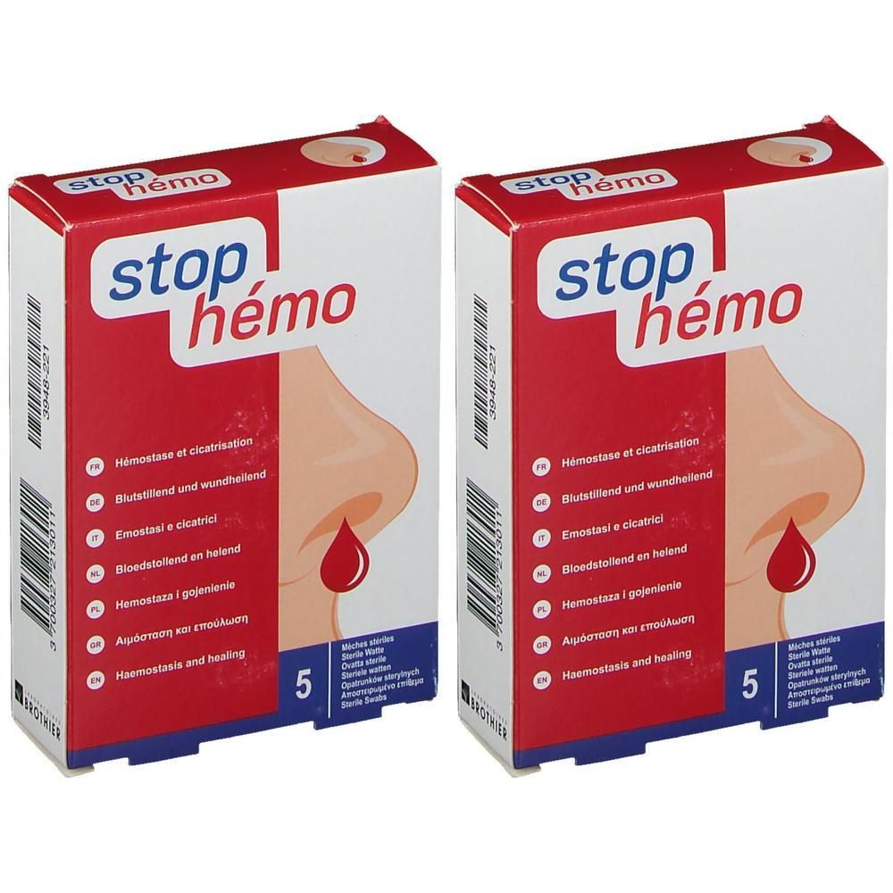 Twee dozen Stop Hémo. Rode en witte verpakking met neusillustratie en productnaam. Bevat 5 stuks.