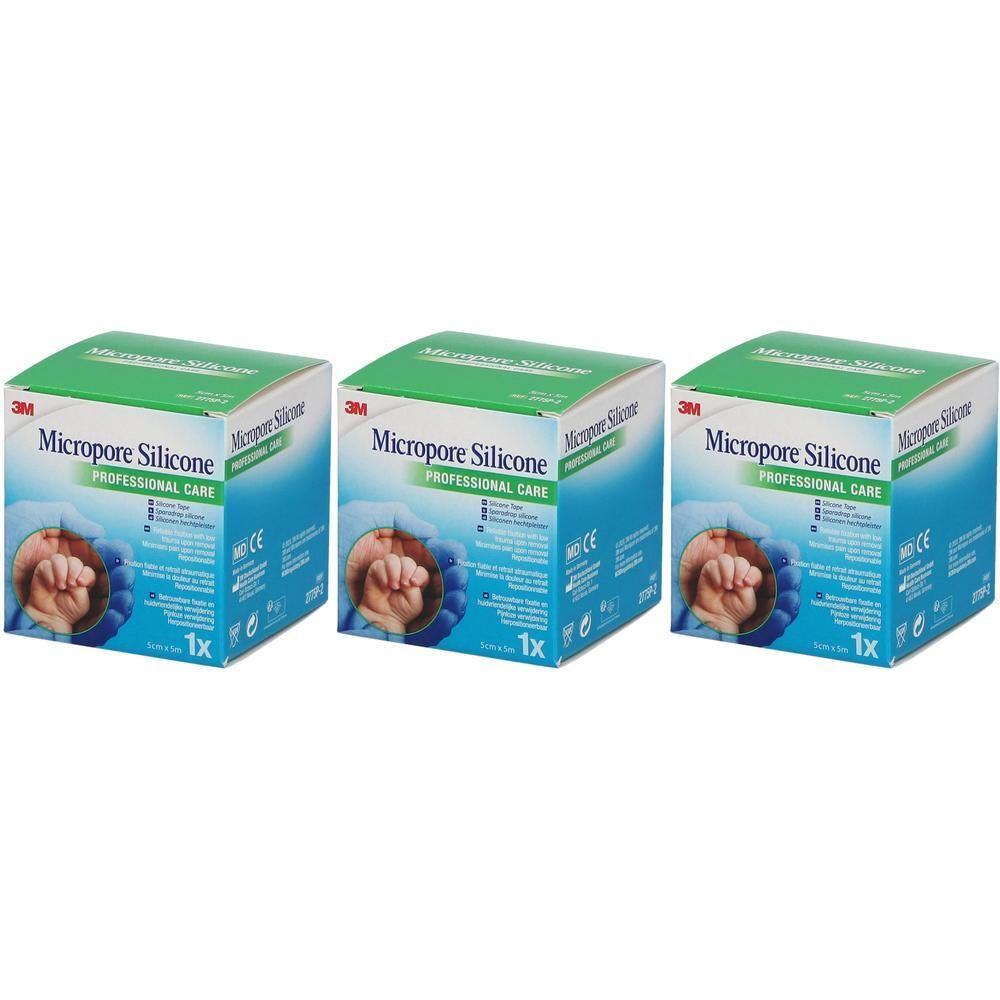 Drie vierkante dozen met 3M Micropore Silicone. Groen-blauwe verpakking met productlogo en CE-markering.