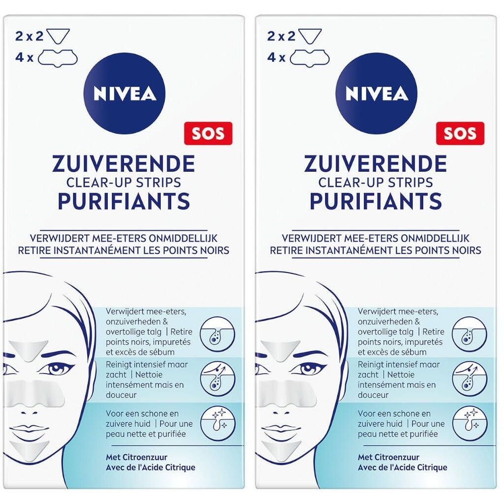 Twee verpakkingen Nivea Clear-Up Strips Purifiants. Witte verpakking met productnaam, logo en illustratie. Bevat 4 strips.