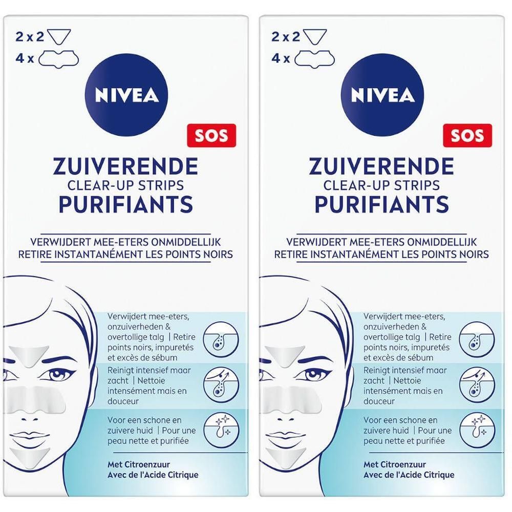 Deux paquets de NIVEA Clear-Up Strips. Emballage blanc avec nom du produit et illustration d'un visage.