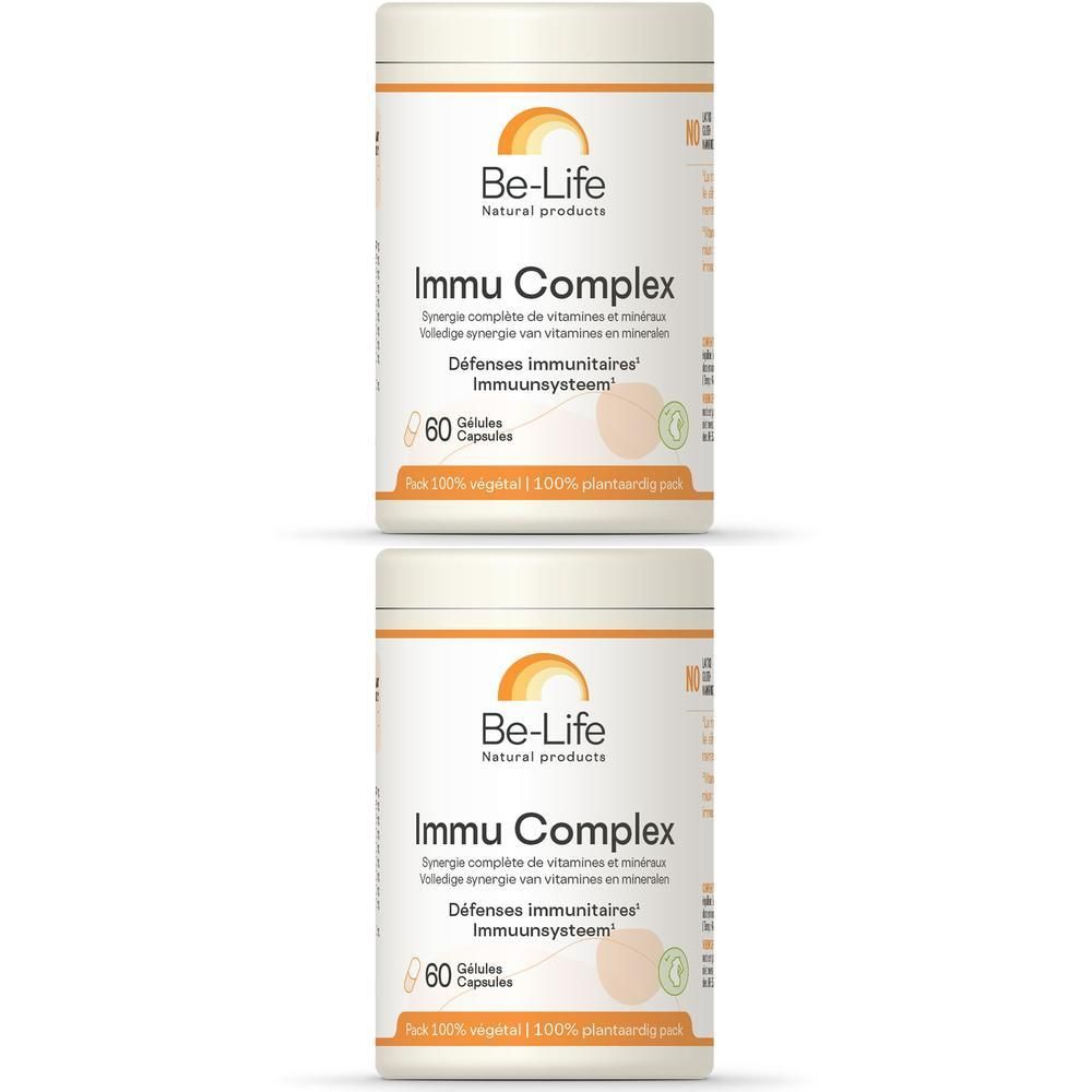 Twee witte potten met etiketten. Opschrift: Be-Life Immu Complex, 60 capsules. Oranje logo.