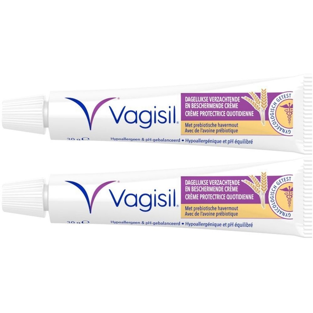 Twee tubes Vagisil Crème Protectrice Quotidienne. Witte tubes met blauw-paars logo en tekst. Opschrift: 'Dagelijkse verzachtende en beschermende crème'.